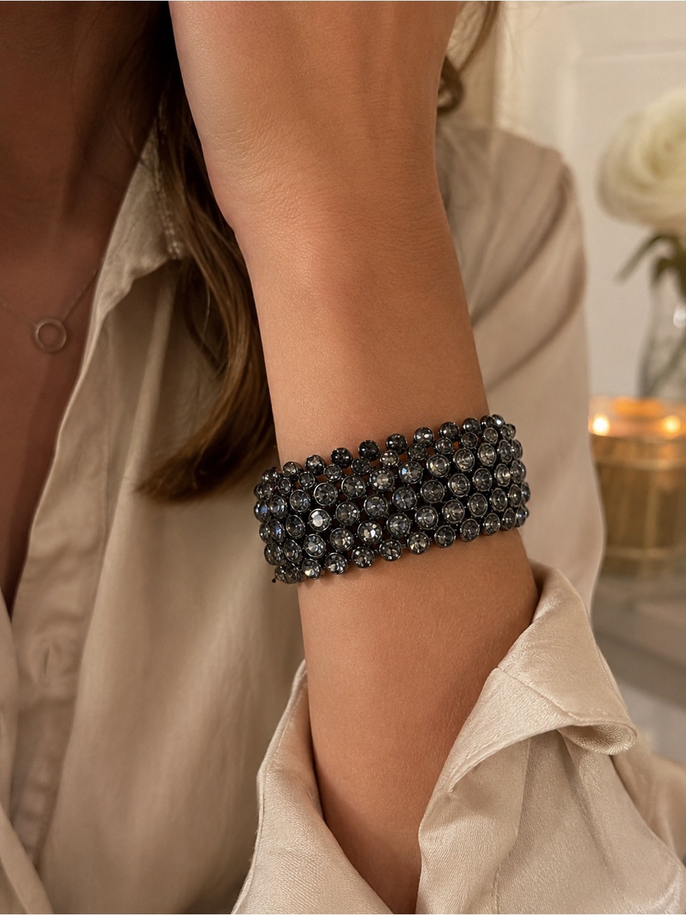 BCBG Max Azria Crystal Stretch Cuff Bracelet – Gunmetal & Rhinestone